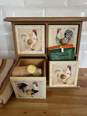 Vintage Farmhouse Rooster Cabinet Wood 4 Drawer Organizer Tea Bag Spice Storage